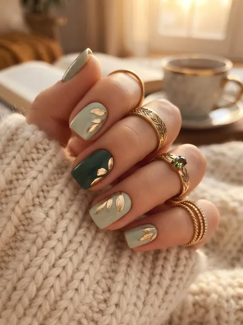 Inspiration nail art vert sauge et vert foncé à feuilles dorées